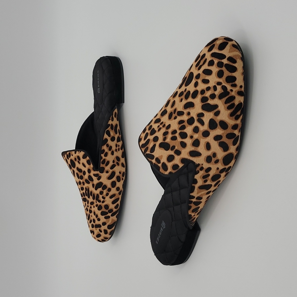 Birdies The Phoebe Loafer Mule Slide Cheetah Print Calf Fur Quilted Lining - Picture 2 of 12